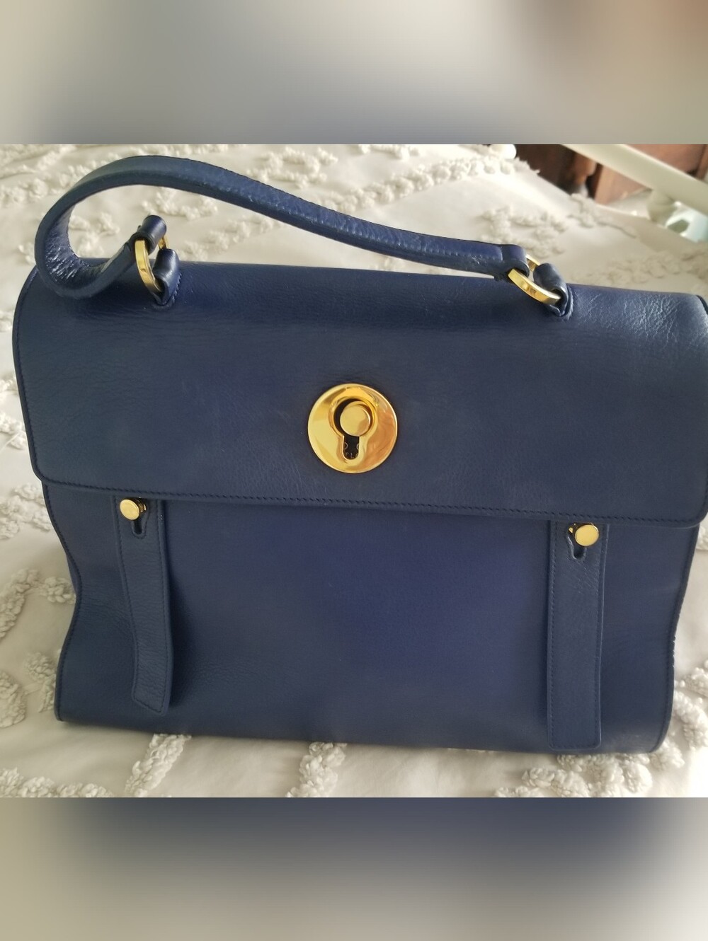 Classic YSL Navy Leather Muse Top-Handle Bag with Gold Hardware